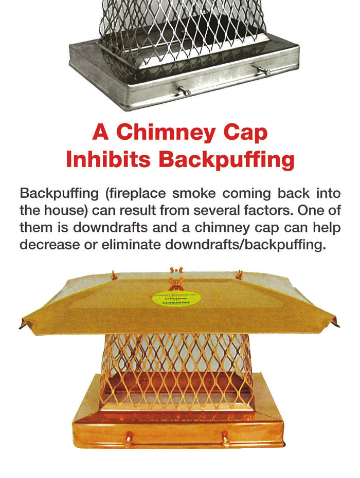 Brochure panel explaining how a chimney cap can help inhibit backpuffing