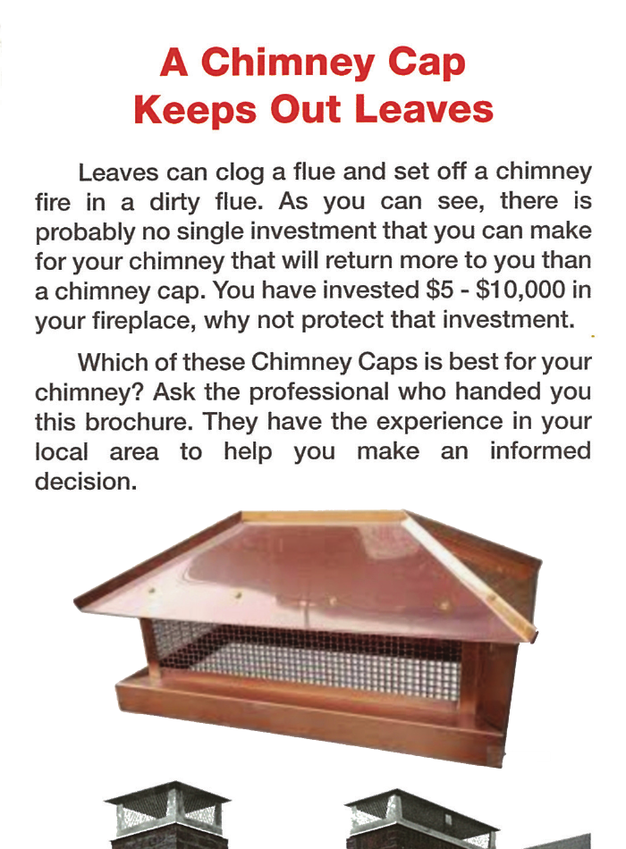Brochure panel explaining how chimney caps help keep leaves out