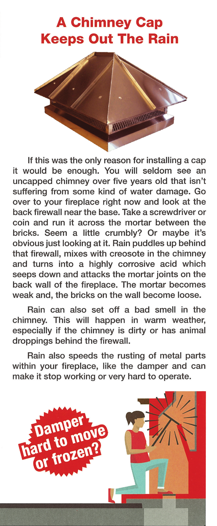 Brochure panel explaining how a chimney cap helps keep rain out