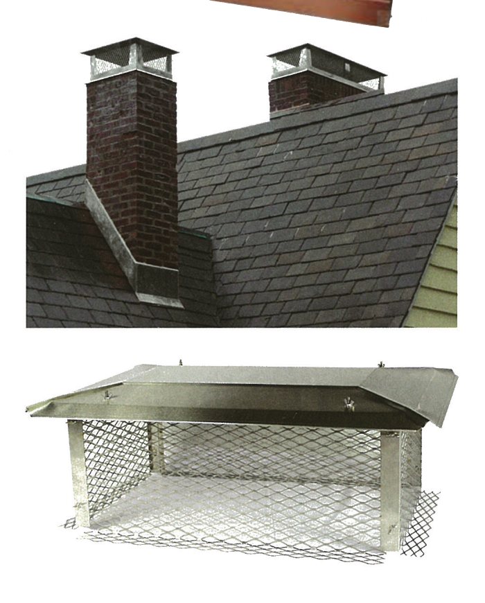 Brochure panel showing chimney cap product examples on masonry chimneys
