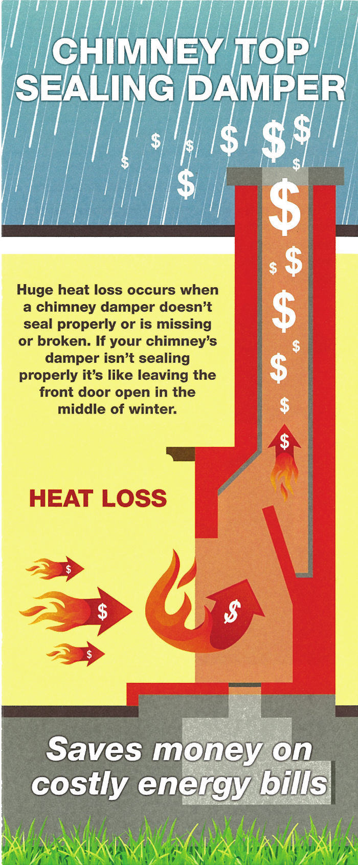 Brochure panel explaining heat loss from a missing or poorly sealing chimney damper