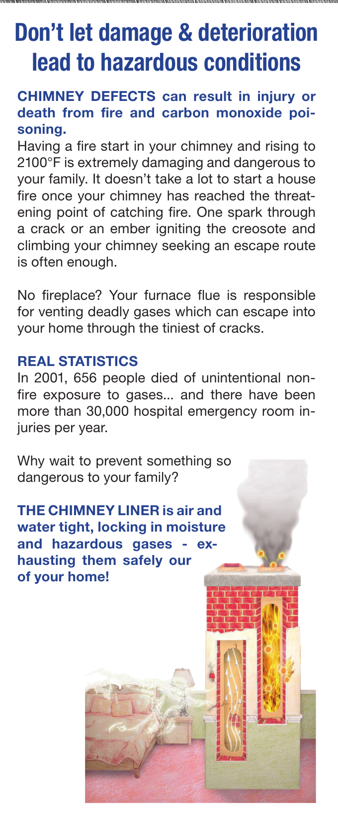 Brochure panel about chimney defects, fire risk, carbon monoxide, and liner safety