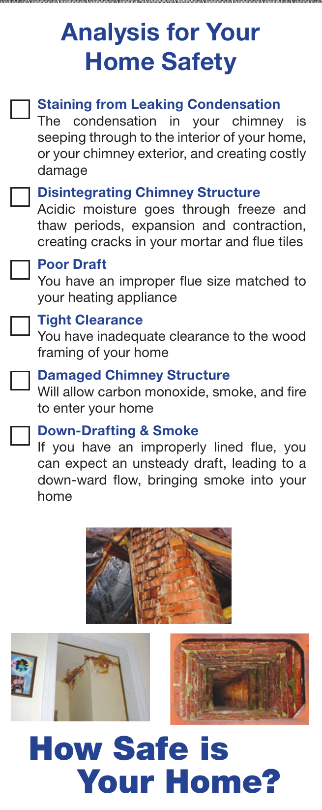 Brochure panel listing home safety warning signs for chimney liners