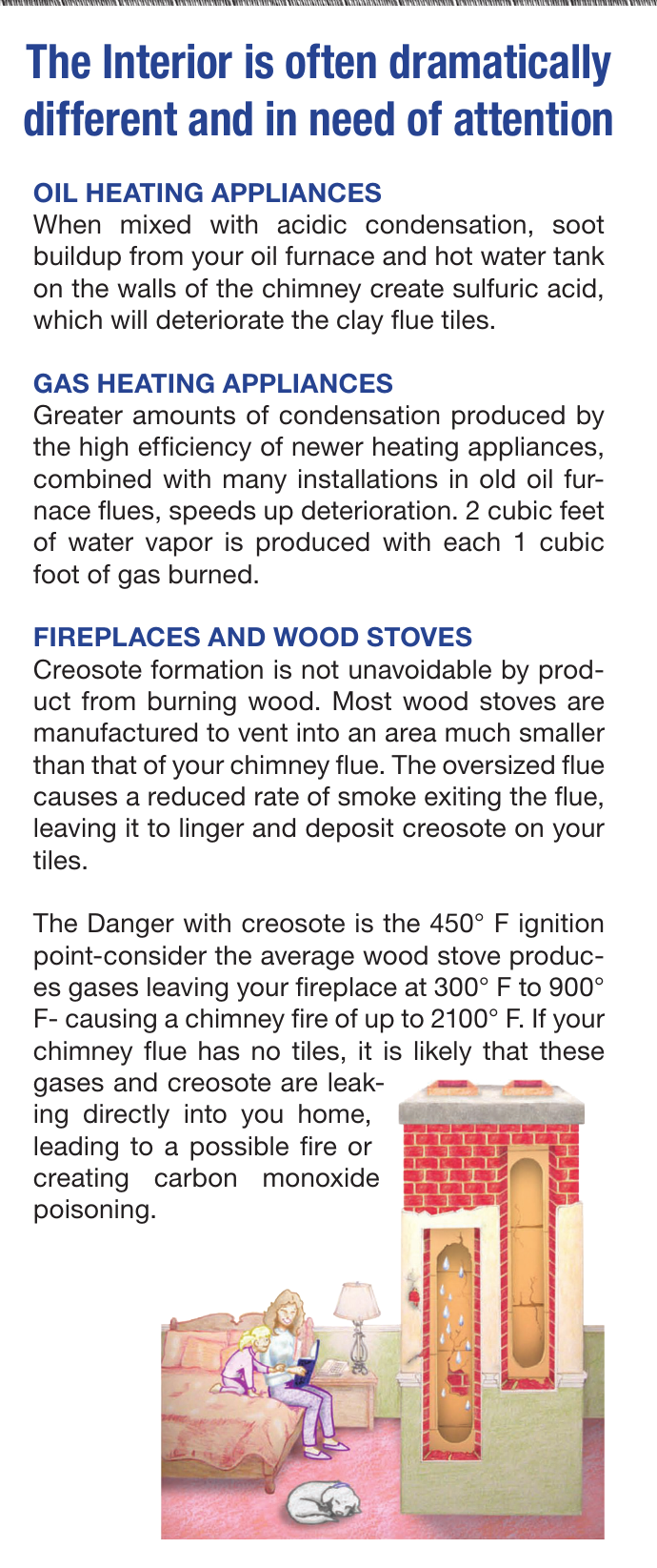 Brochure panel explaining oil, gas, fireplace, and wood stove liner deterioration